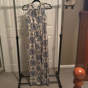 Ethnic Print Crew Neck Tank Jumpsuit, Vintage Sleeveless Tie Waist Straight Leg